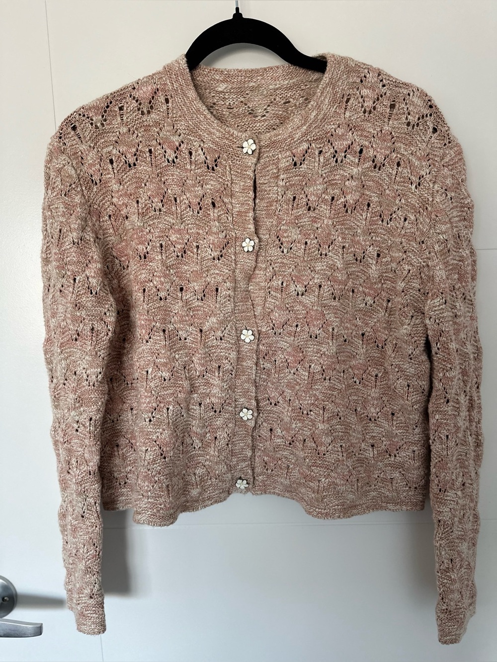 Cotton Flax Knit Cardigan Pink Beige Floral Button Front Sweater S/M